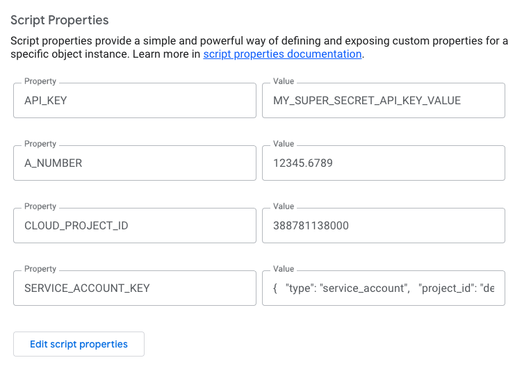 Script Properties in Apps Script Editor