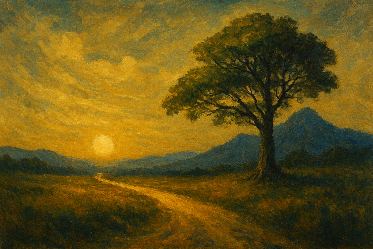 A solitary tree at golden hour, standing between mountains and sky, a visual metaphor for Maeterlinck's philosophy of inner steadiness amid external forces.